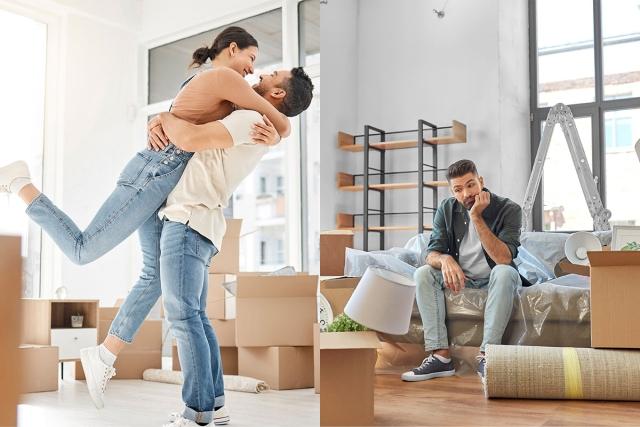 A man picking a woman up in their new apartment next to a man who sits dejectedly as he moves apartments.