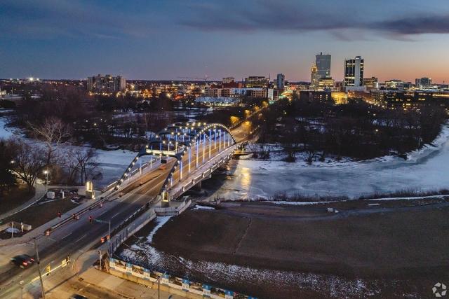 Downtown Fort Wayne lights up the skyline at night.