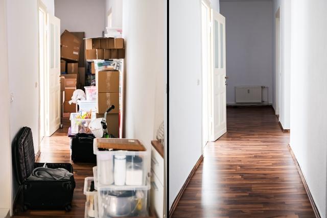 The same hallway, but one is filled with clutter while the other is empty.