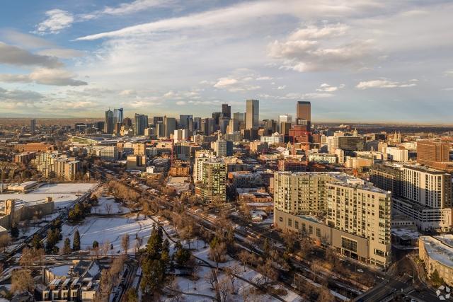 An aerial view of the Golden Triangle neighborhood in Denver, CO, at sunset.