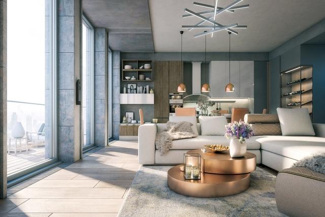 The living room of a luxury apartment with a balcony to the side.