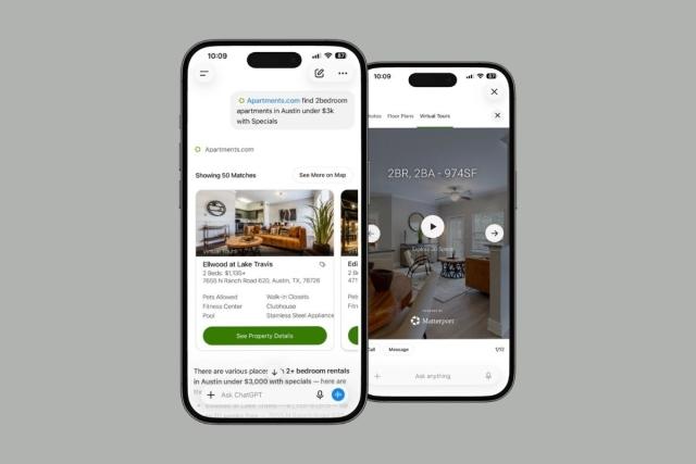 The Apartments.com ChatGPT app is on a phone screen.