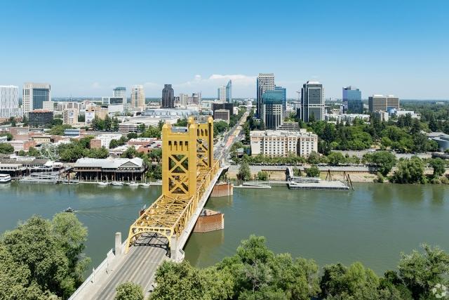 The Tower Bridge leads into Downtown Sacramento.