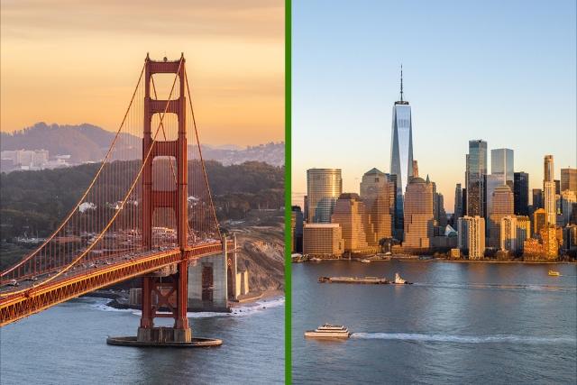 A side-by-side of the Golden Gate Bridge in San Francisco and the Manhattan skyline in New York City.