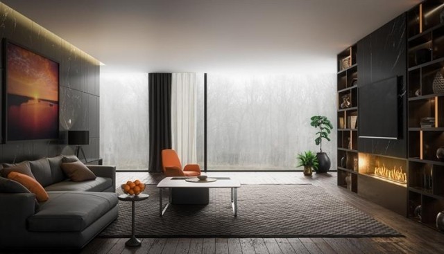 Luxury apartment featuring wood floors and fireplace