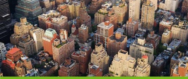 Birds-eye view of a crowded city.
