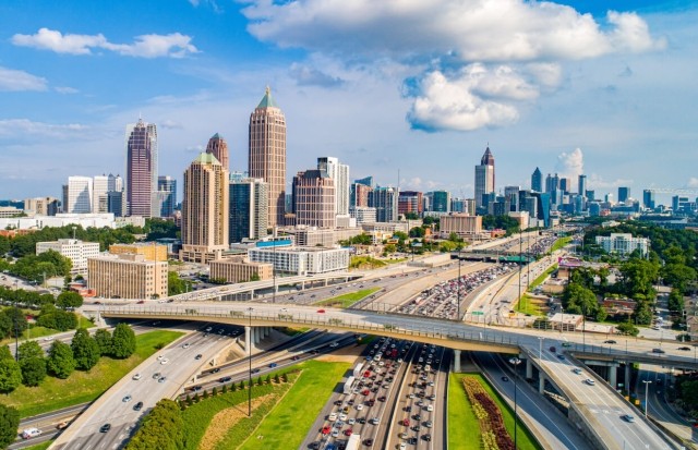 The sunny downtown Atlanta skyline
