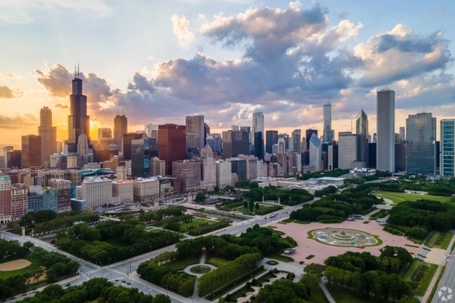 An aerial view of The Loop with the Chicago skyline.