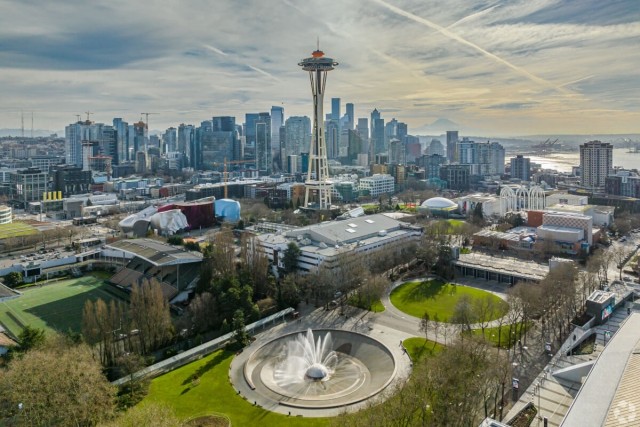 An aerial view of the Space Needle from Lower Queen Anne.
