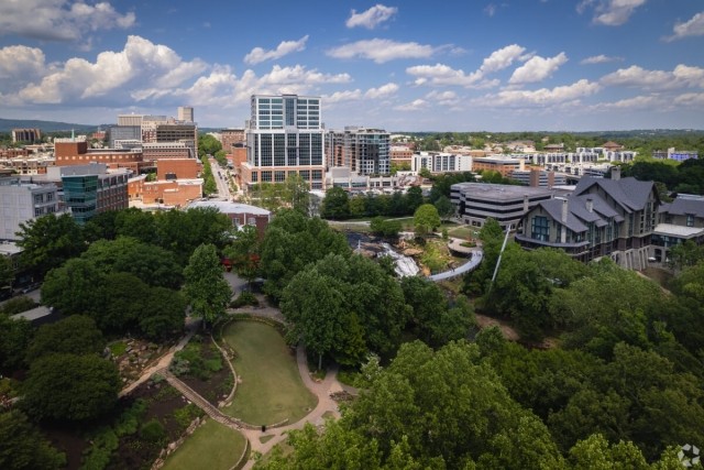 Overview shot of downtown Greenville and its many recreational areas.