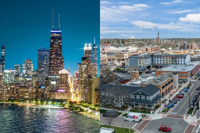 Downtown Chicago next to Chicago suburbs.