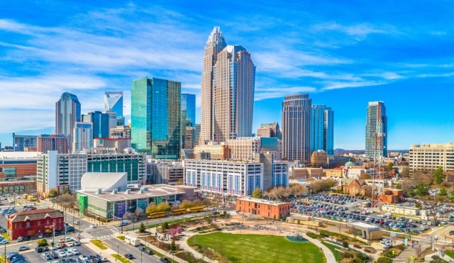 Sunny aerial view of Charlotte, NC skyline