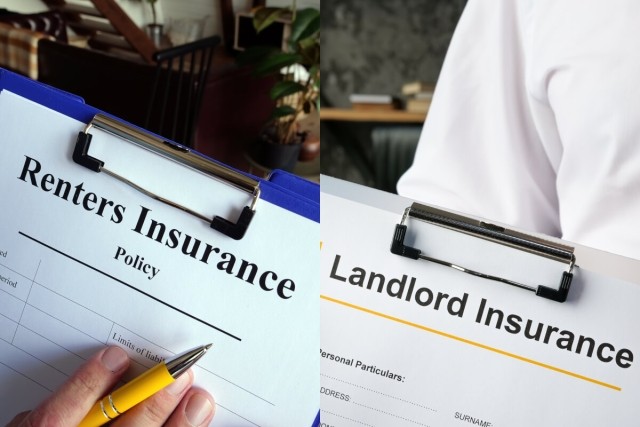 Side by side clipboard with renters insurance and landlord insurance.