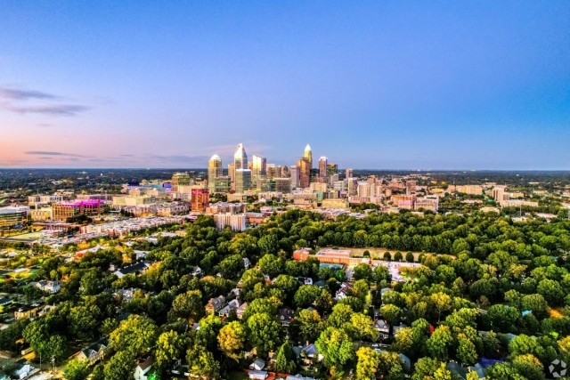 Skyline and overhead view of the city of Charlotte.