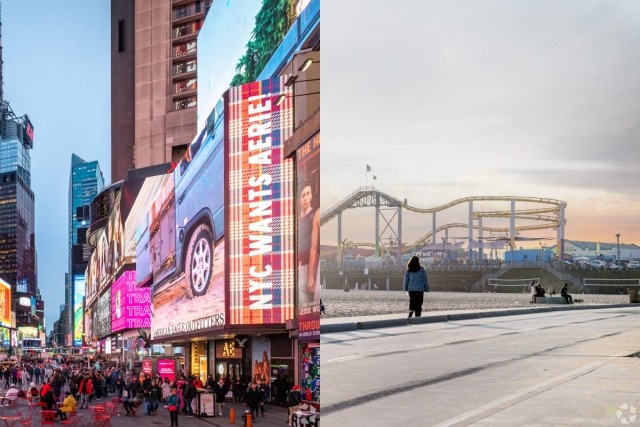 Times Square compared to the beach and boardwalk of Santa Monica.