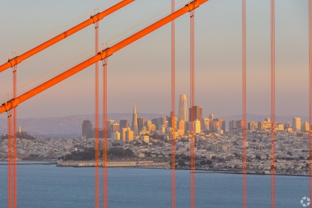 San Francisco skyline view from the Golden Gate Bridge.