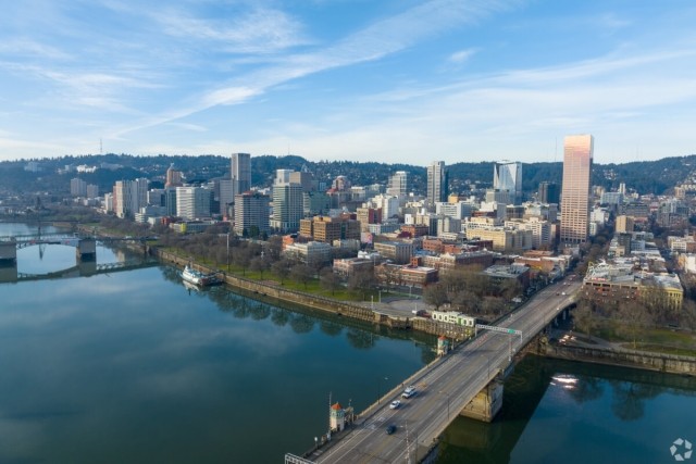 The Willamette River, riverfront park, and Downtown Portland.