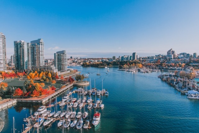 An aerial view of Downtown Vancouver and False Creek.