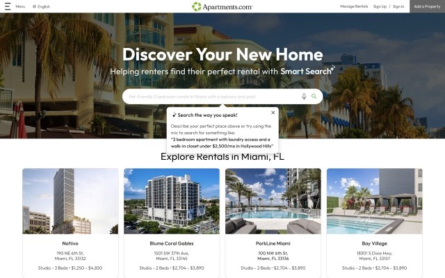 A screenshot of the Apartments.com home page shows the AI Smart Search feature in action.