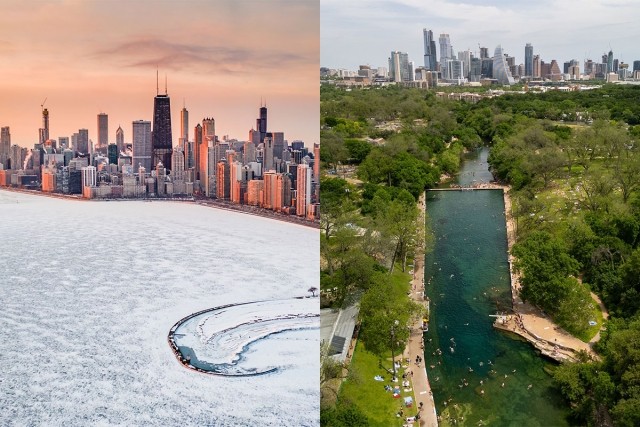 The Chicago shoreline frozen during winter next to Barton Springs Pool with the Austin, TX skyline in the background.