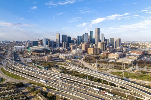 An aerial view of the Downtown Houston skyline.