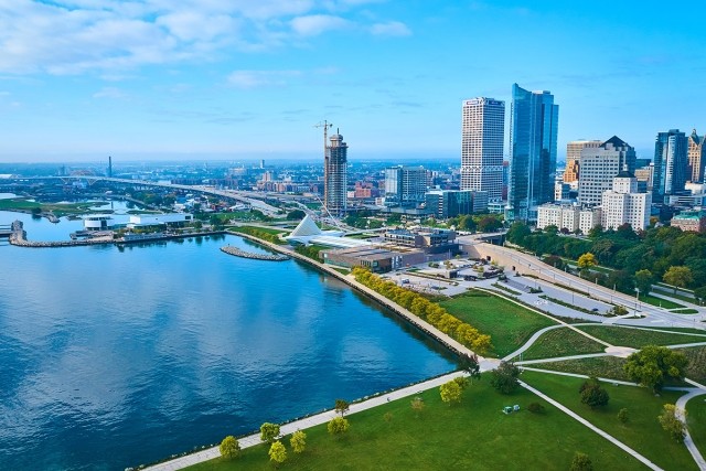 The parks and buildings in Downtown Milwaukee sit right on the waterfront of Lake Michigan.