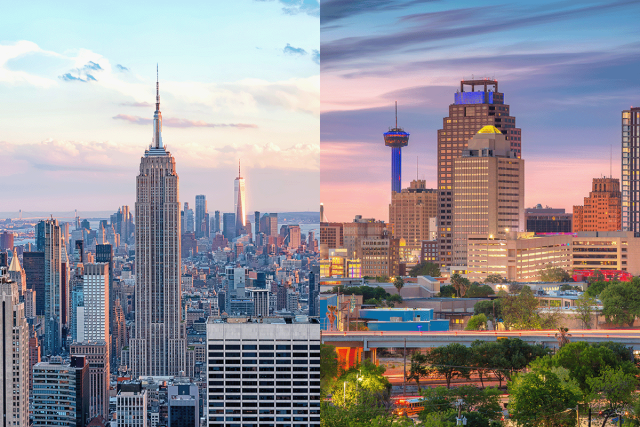 A side-by-side of the New York City and San Antonio skylines.