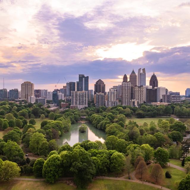 Atlanta, GA with view of Piedmont Park in front of Midtown skyline