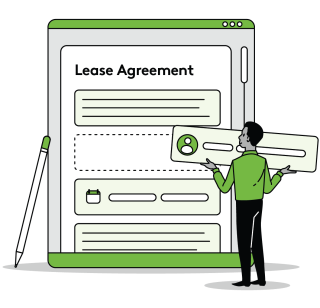 A man interacts with a large screen that reads "Lease Agreement".