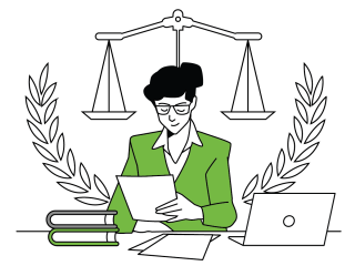 A lawyer sifting through legal papers surrounded by a laptop and books. A symbol of the legal system is behind her.