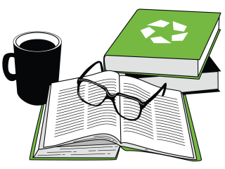 An illustration of a collection of books, a mug of coffee, and reading glasses.