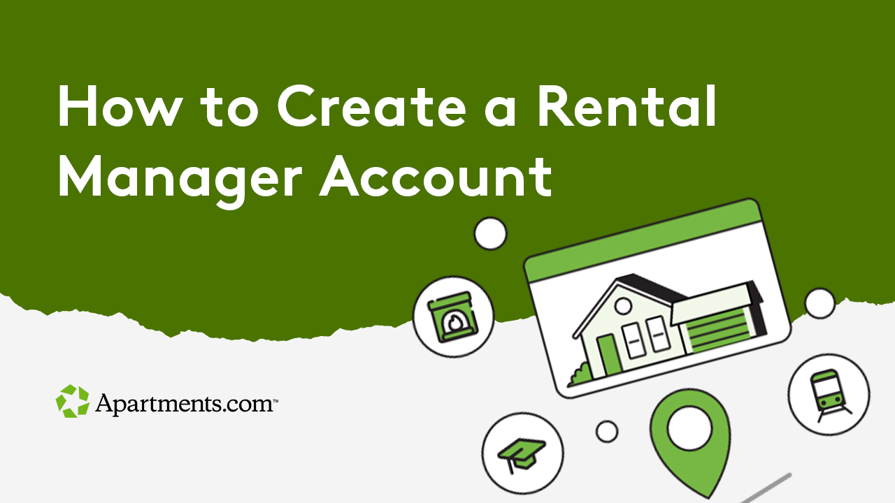 Illustration of apartment-related icons and a rental home.