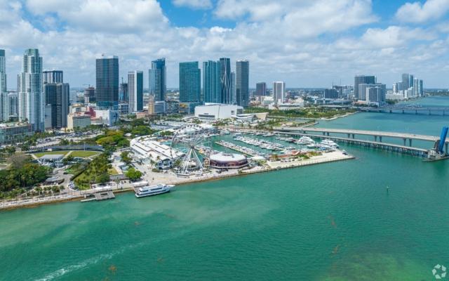 An overview shot of downtown Miami over the water.