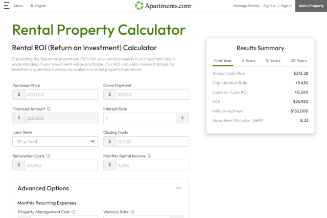The main portion of the ROI calculator has spaces to input initial investment costs, annual rent revenue, and loan information.