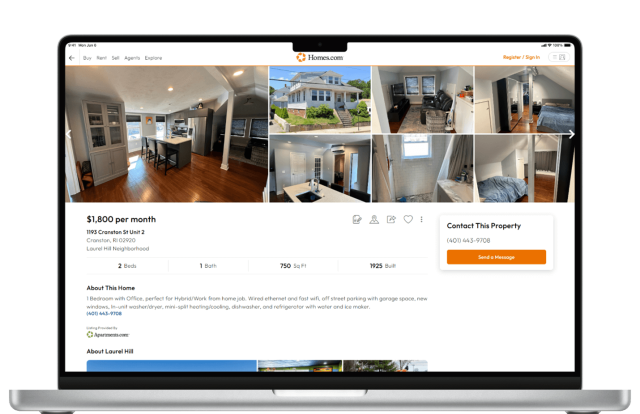 An open laptop shows a house rental listing on Homes.com.