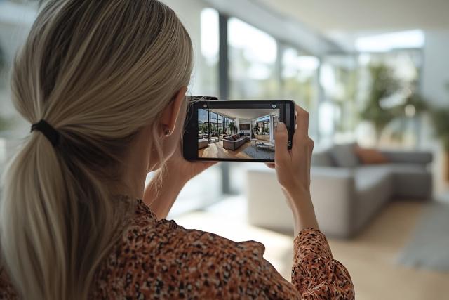 A blonde woman captures a video of a rental home on her smartphone.