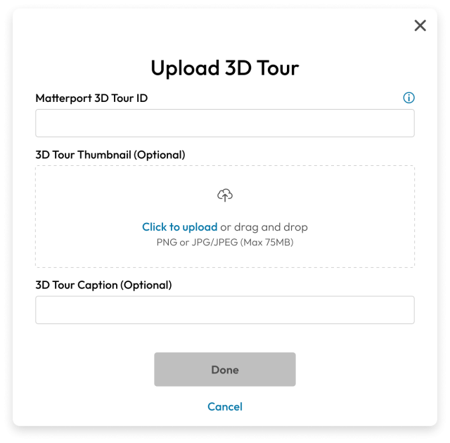 A screenshot of the "Upload 3D Tour" page where property managers can add a Matterport 3D Tour to their listing.