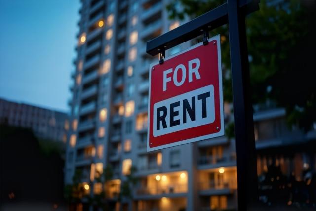 For rent sign sitting outside of apartment building.