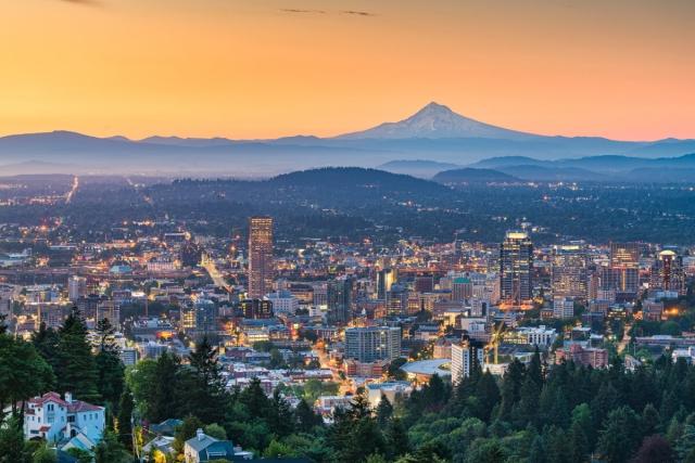 Mt. Hood rises over Portland, OR.