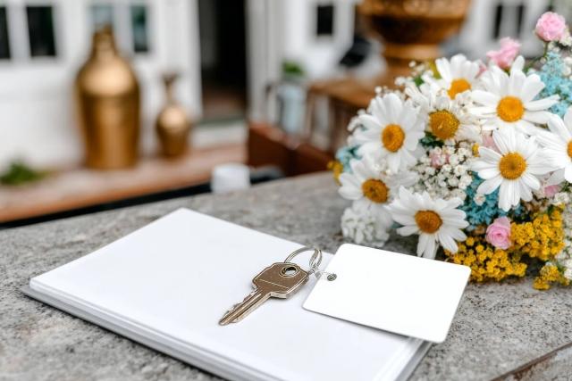 A tenant welcome gift sits on a kitchen counter.