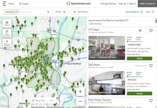 A screenshot of Apartments.com’s Hartford, CT, results page shows two listings with a “Total Monthly Price” badge.