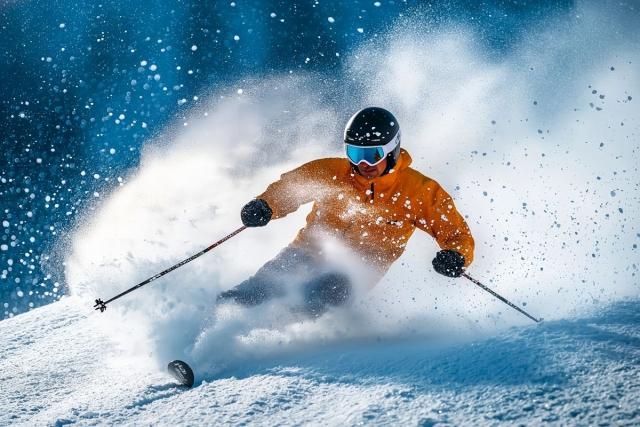 Snow skier racing down a mountain.
