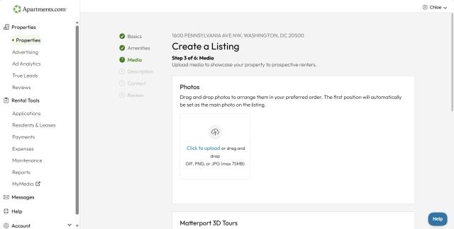 On the third page of "Create a Listing," users can upload photos, videos, and Matterport 3D tours.