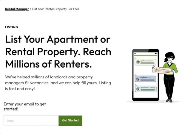A screenshot of Apartments.com Rental Tools shows where landlords can get started with listing their property.