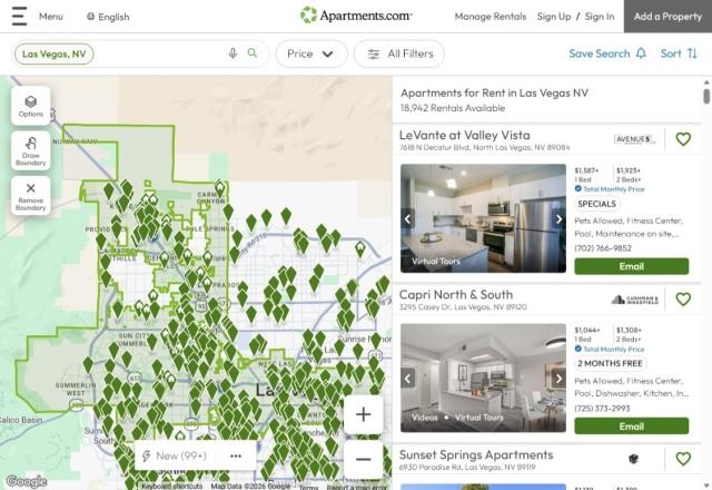 A screenshot of Apartments.com’s Las Vegas, NV, results page shows two listings with a “Total Monthly Price” badge.