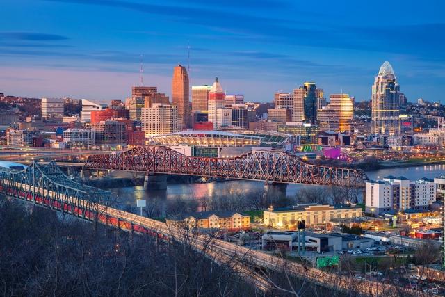 Cincinnati is comprised of high-rises in downtown and mid-rises on the outskirts with highways and bridges crisscrossing.