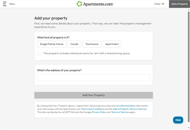 A screenshot of the "Add your property" page on Apartments.com Rental Tools prompts users to select the type of property and address of the property the user is listing for rent.