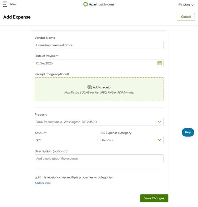 A screenshot of the “Add Expense” page in the expense tracking dashboard shows the fields filled out.