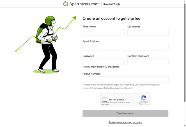 A screenshot of the "Create an account" page on Apartments.com shows empty fields for users to input their information.