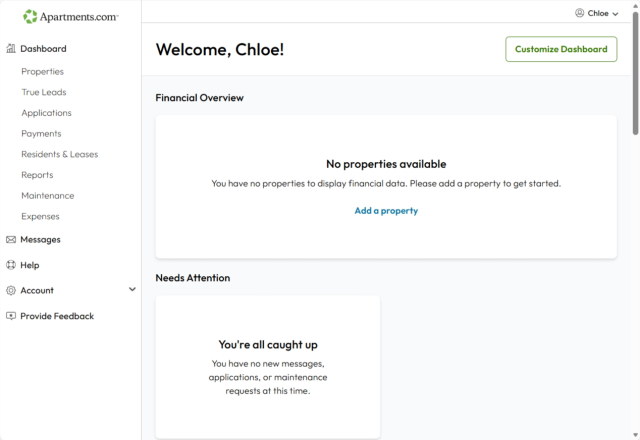 The user dashboard in Apartments.com Rental Tools is fully customizable, and users can add the widgets they want.